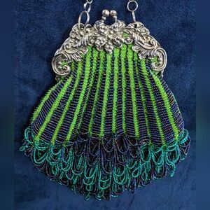 Victorian Style PEACOCK Beaded Purse & Necklace Green & Purple HandMade Boutique